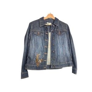 Coldwater Creek Womens Denim Jacket Blue Stretch Pockets Embroidered Petites 10P